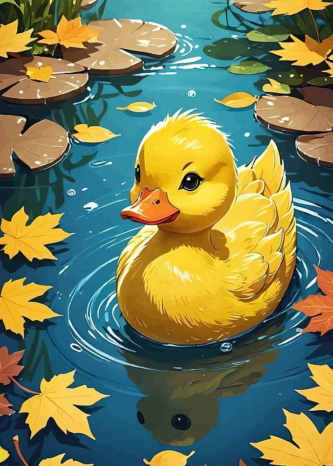 Cute Duckling Autumn Pond