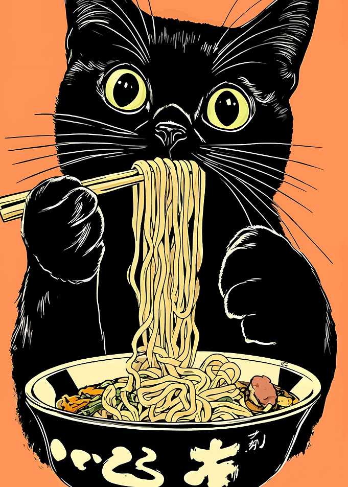 Black Cat Eating Ramen