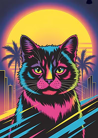 Retro Cat Portrait with Sunset
