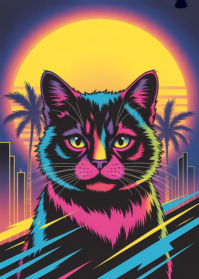 Retro Cat Portrait with Sunset