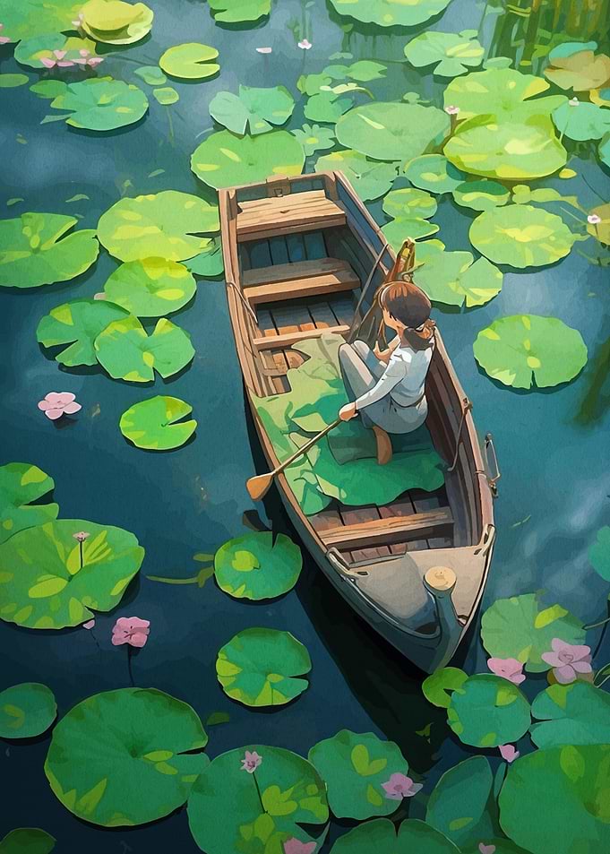 Girl Boat Among Lily Pads