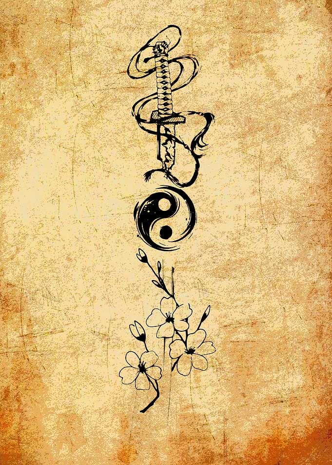 Samurai Sword, Yin Yang, Cherry Blossoms