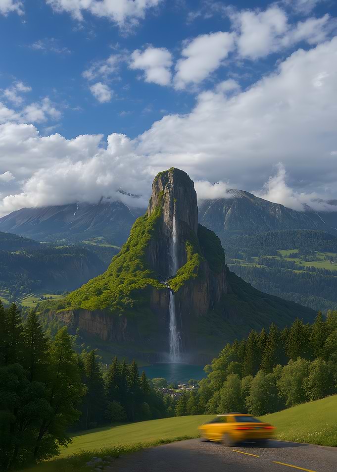 Waterfall Mountain Landscape with Yellow Car