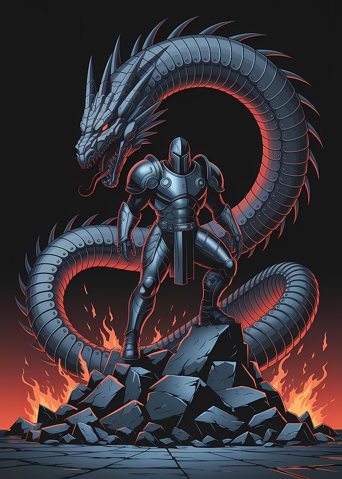Armored Knight with Mechanical Dragon