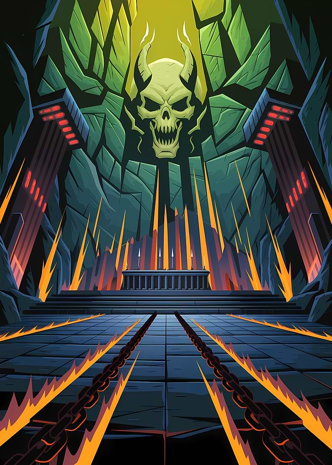 Cartoon Hellscape with Skull and Chains