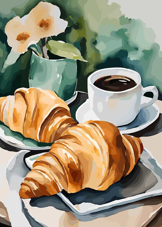 Coffee and Croissants Still Life Painting