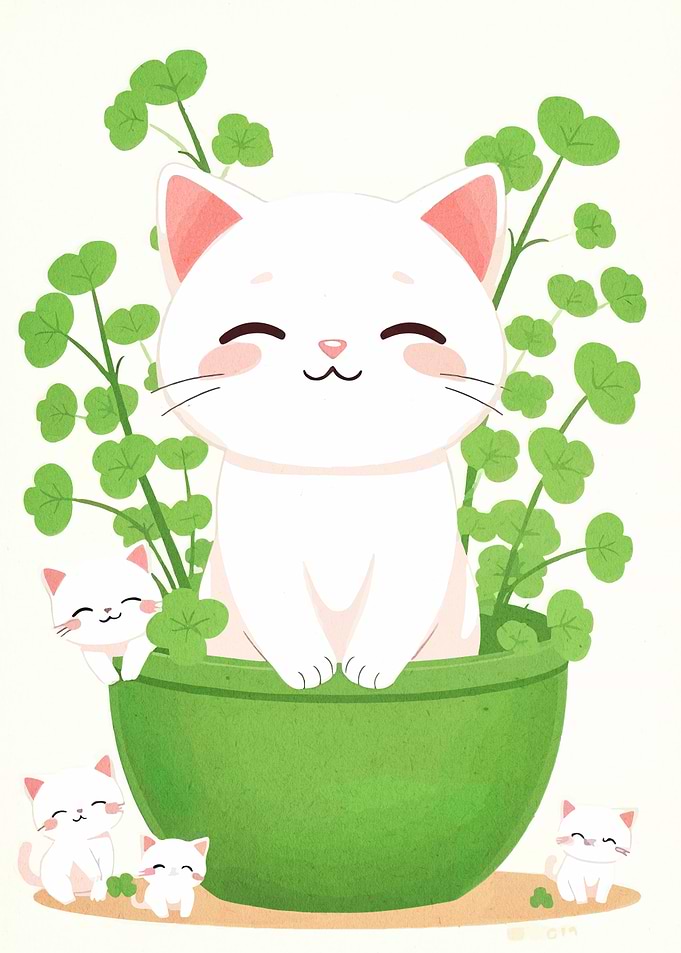 Cute Cats in a Pot of Clovers