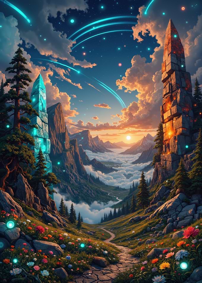 Fantasy Landscape with Glowing Towers