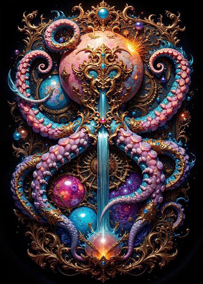 Ornate Octopus with Planets and Gold