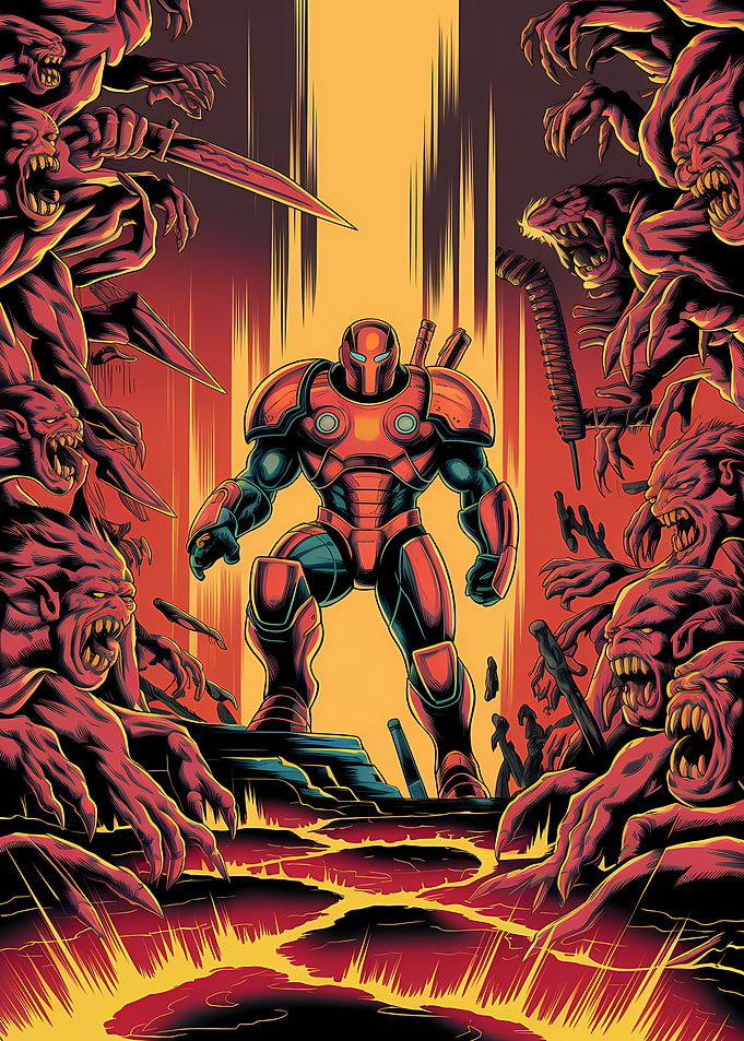 Armored Hero Surrounded by Monsters