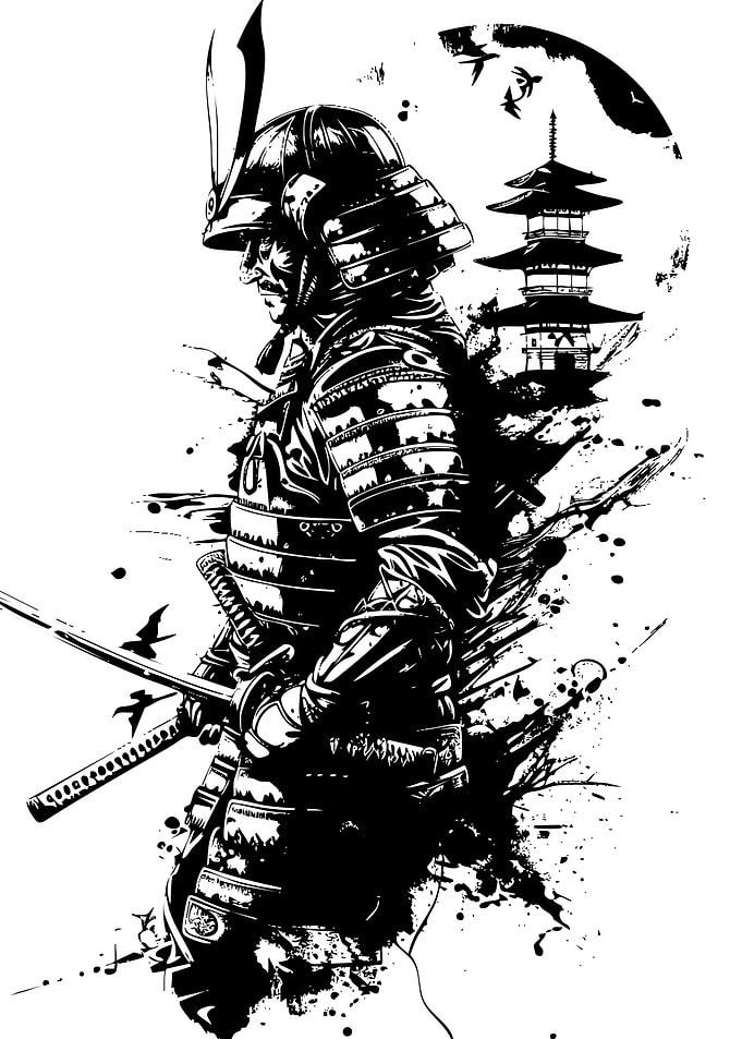 Samurai Warrior with Pagoda Illustration