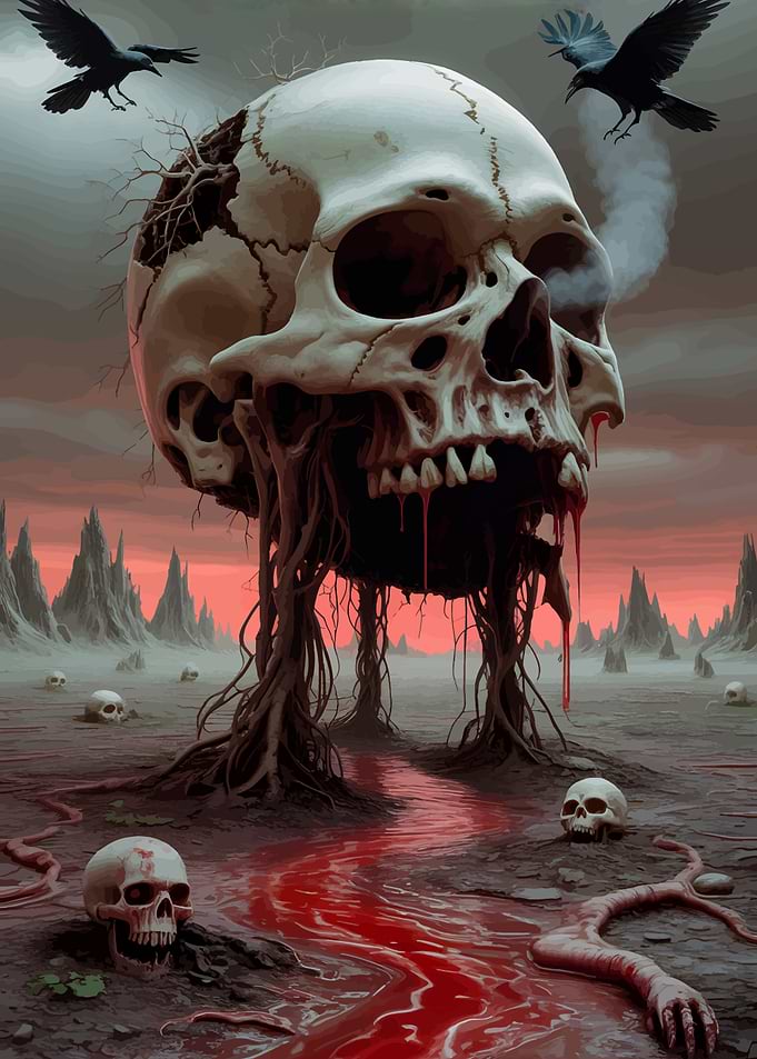 Skull landscape with crows and blood