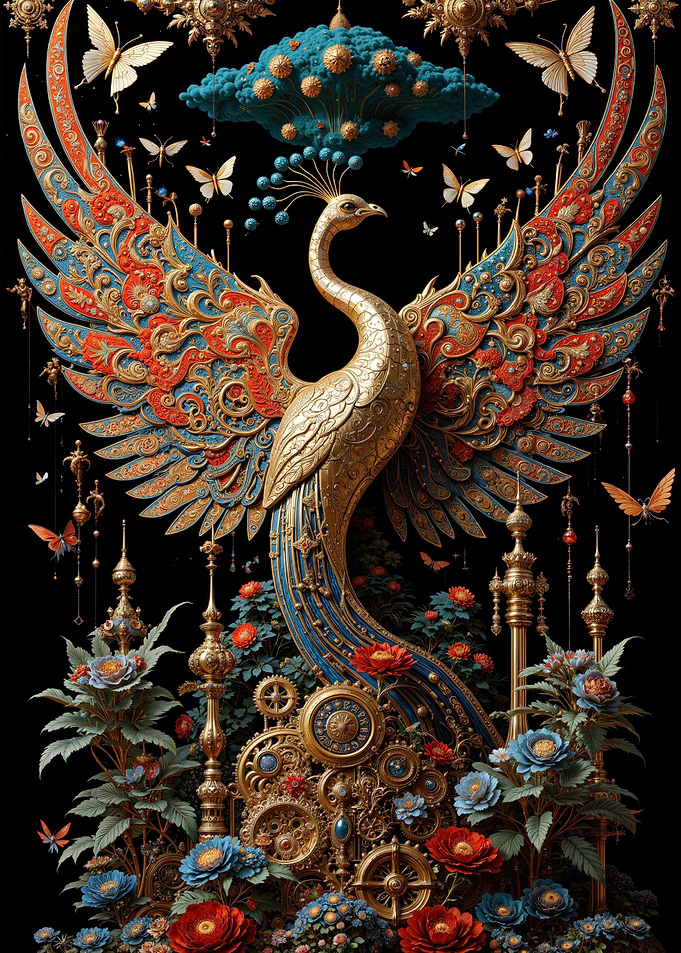 Ornate Golden Peacock with Floral Accents