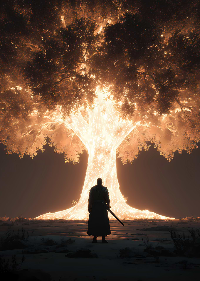 Warrior Standing Before the Glowing Tree