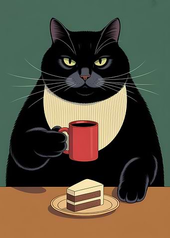 Black Cat with Coffee and Cake