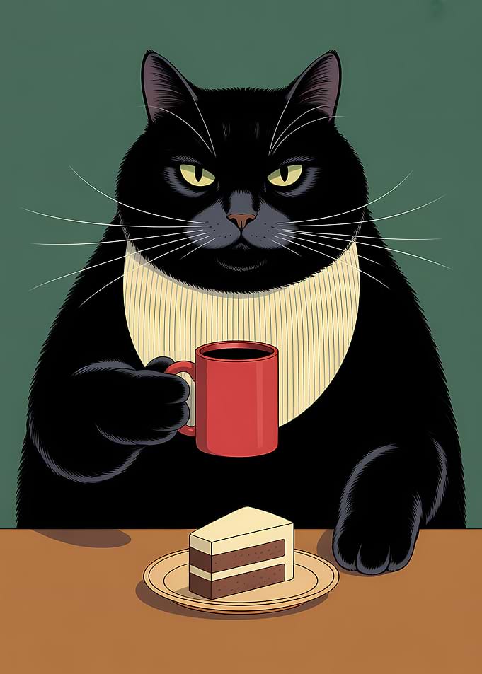 Black Cat with Coffee and Cake