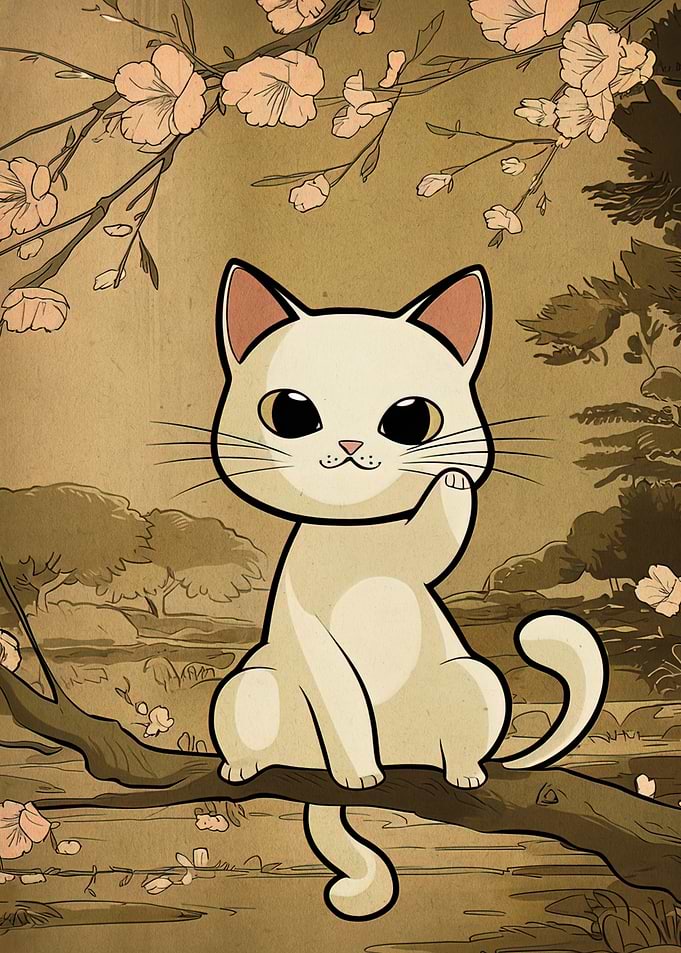 Cartoon Cat on Branch with Flowers