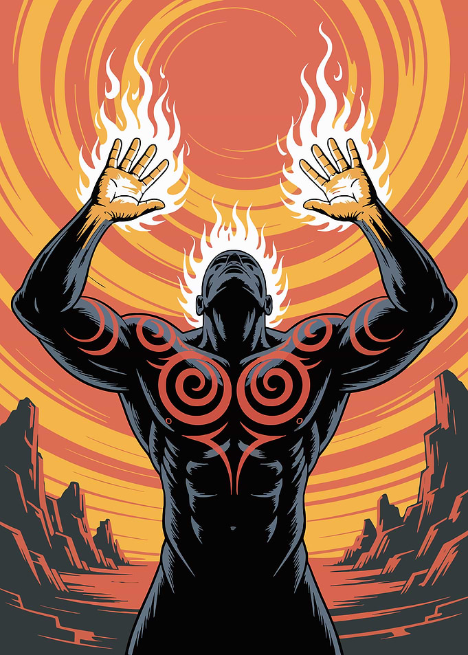 Man with Fire and Tribal Tattoos