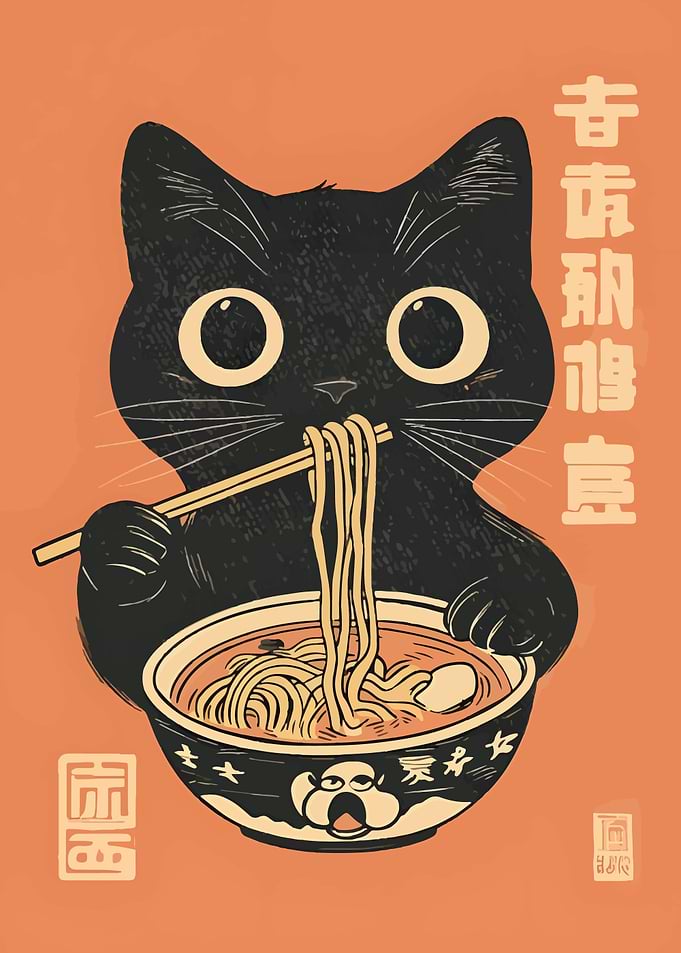 Black Cat Eating Ramen