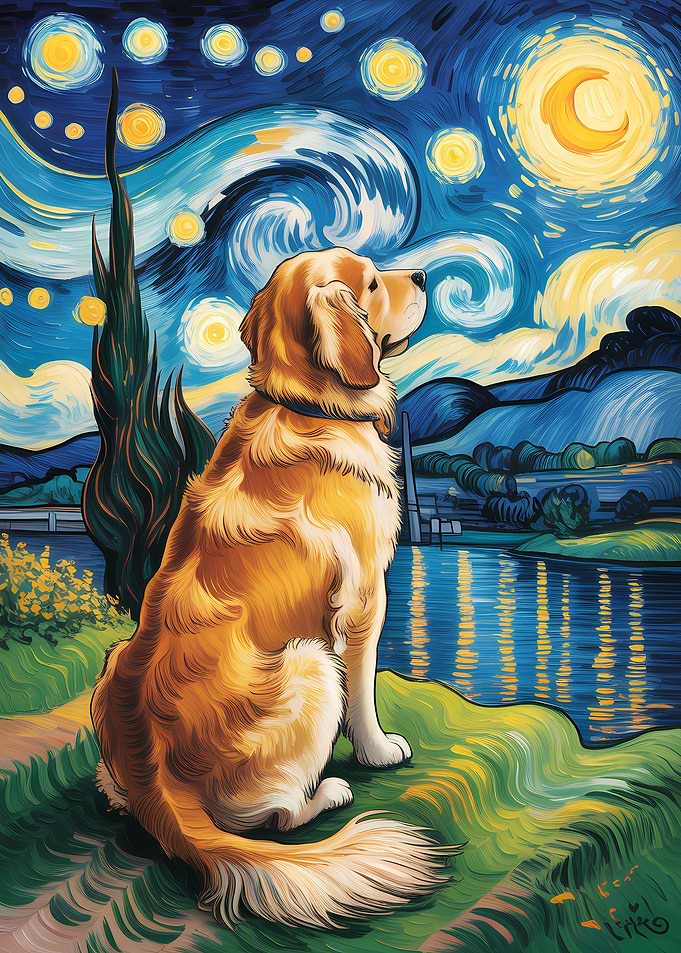 Golden Retriever in Starry Night Style