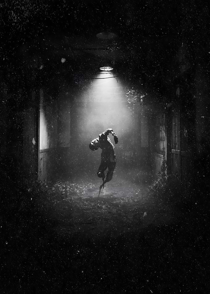 Monochrome Figure in Dark Hallway