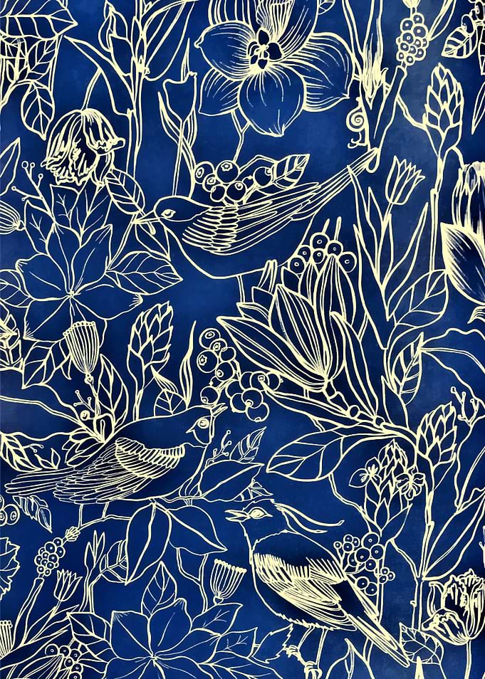 Birds Spring Floral Blossom Dark Blue