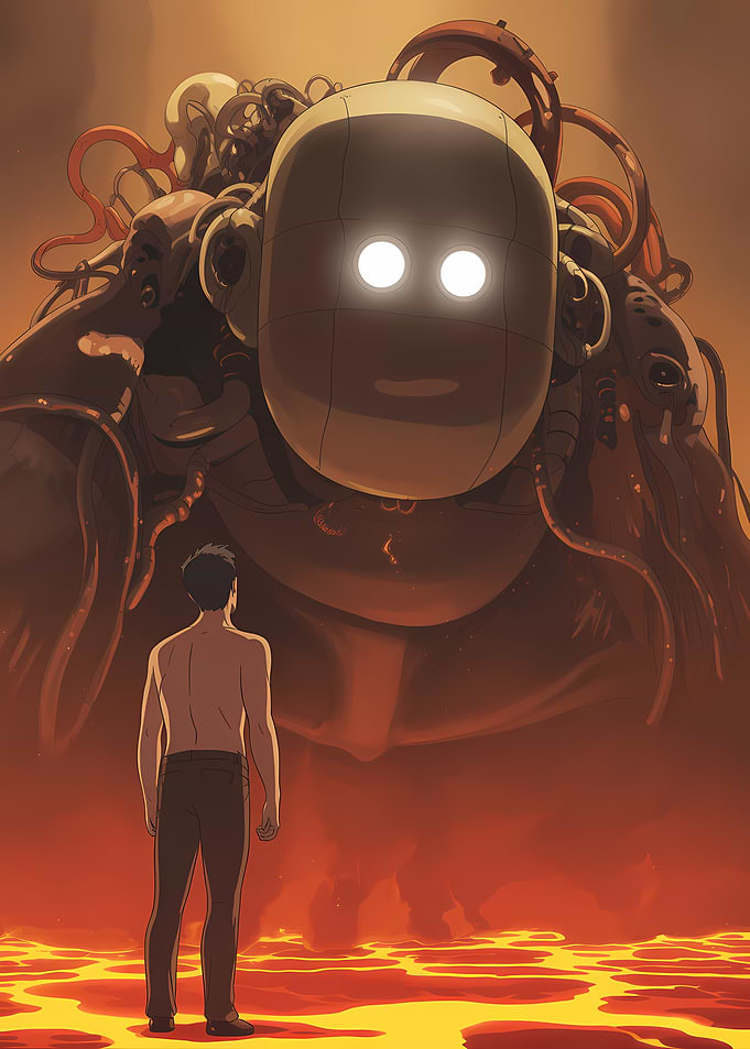 Man Confronting Giant Robot in Fiery Landscape