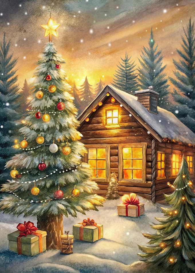 Christmas Cabin in Snowy Woods