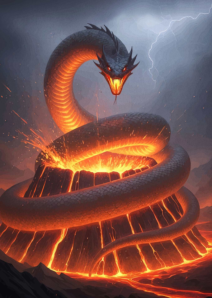 Lava Serpent Coiled Around Volcano