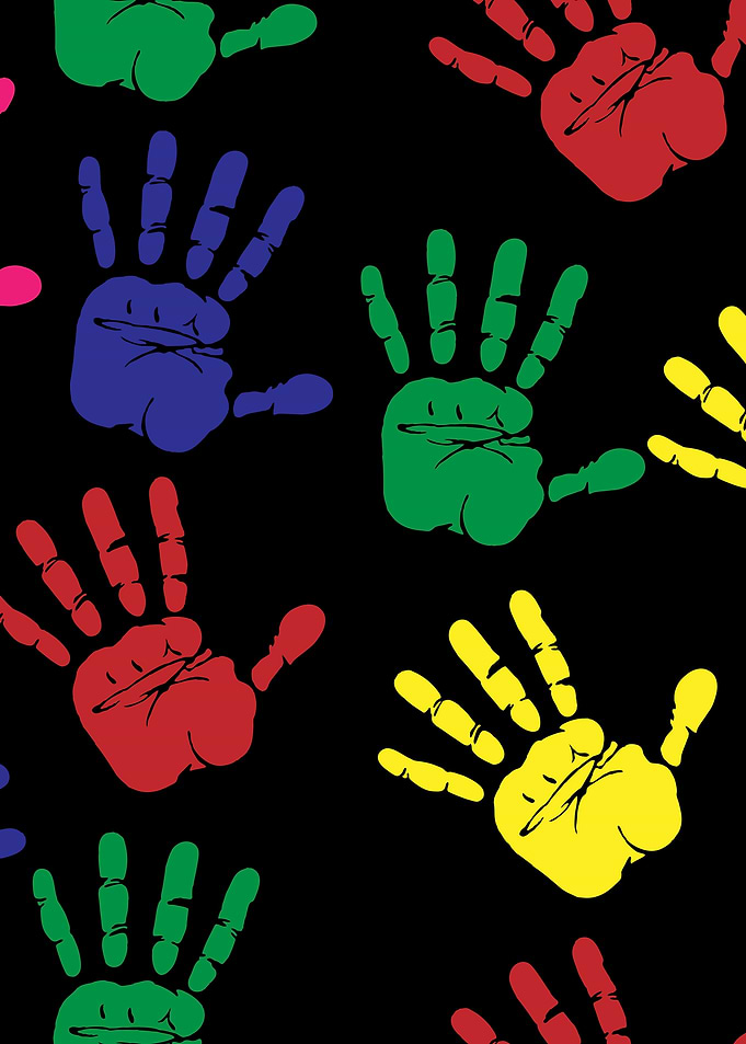 Colorful Handprints on Black Background