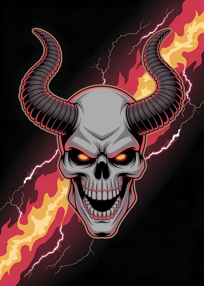 Horned Skull with Fire and Lightning