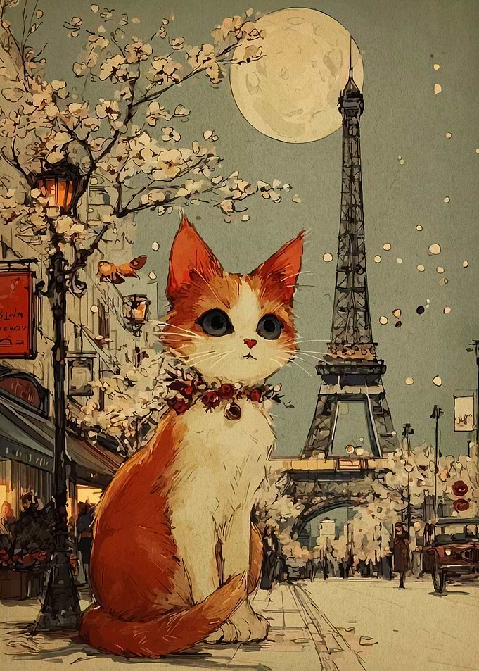Cat in Paris with Eiffel Tower