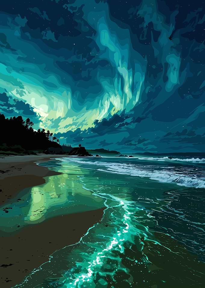Aurora Borealis over a Tranquil Beach
