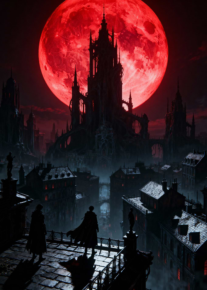 Gothic Cityscape under a Blood Moon