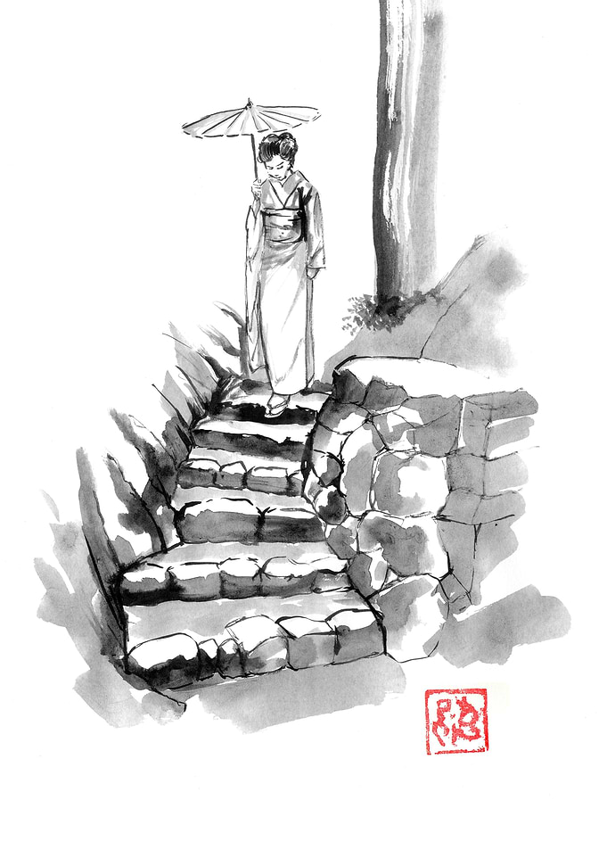 Japanese Woman on Stone Steps