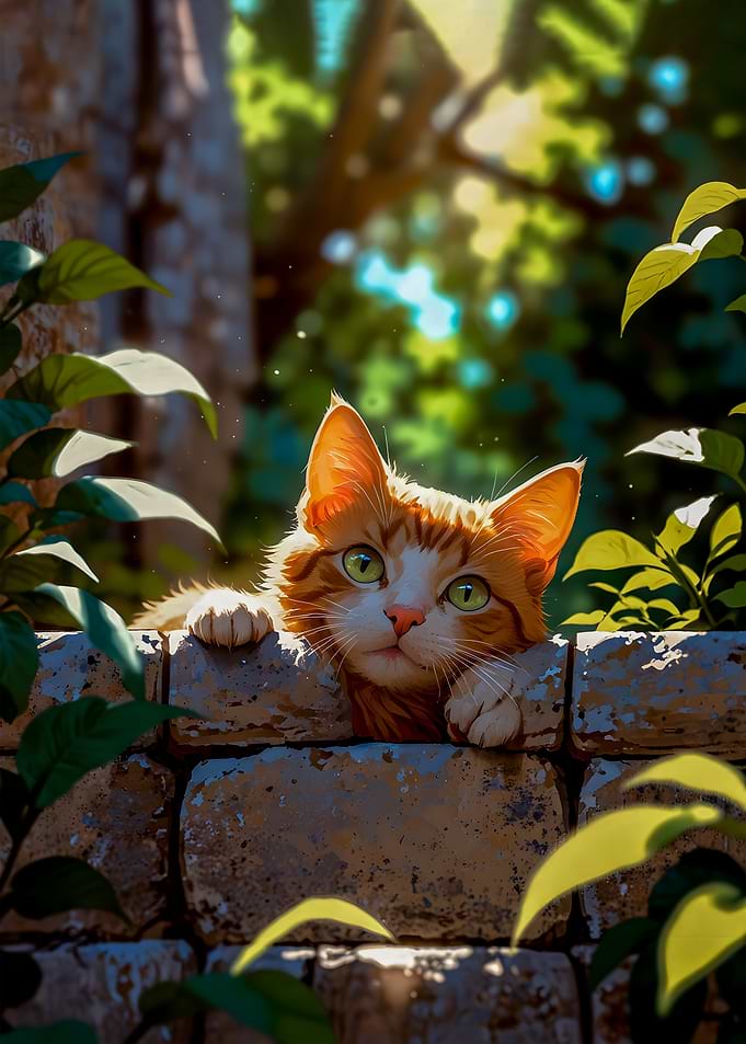 Ginger cat peering over brick wall