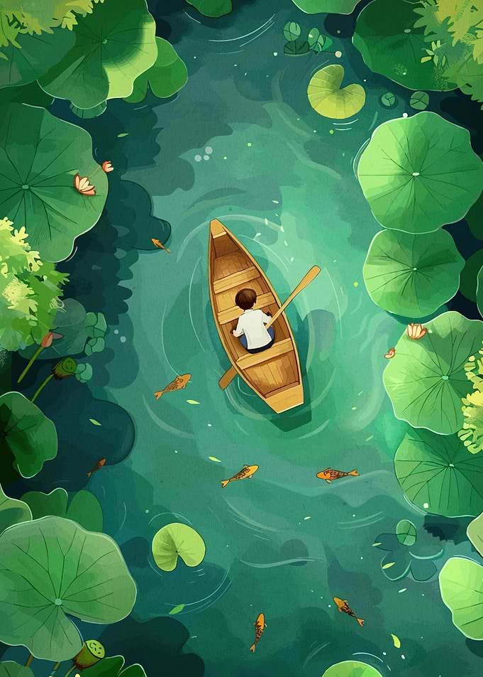 Boy Boat Lily Pond