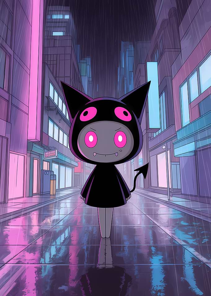Cartoon Devil Character in Rainy City
