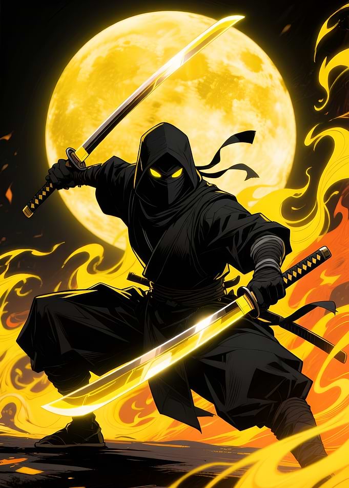 Ninja with Golden Swords and Moon