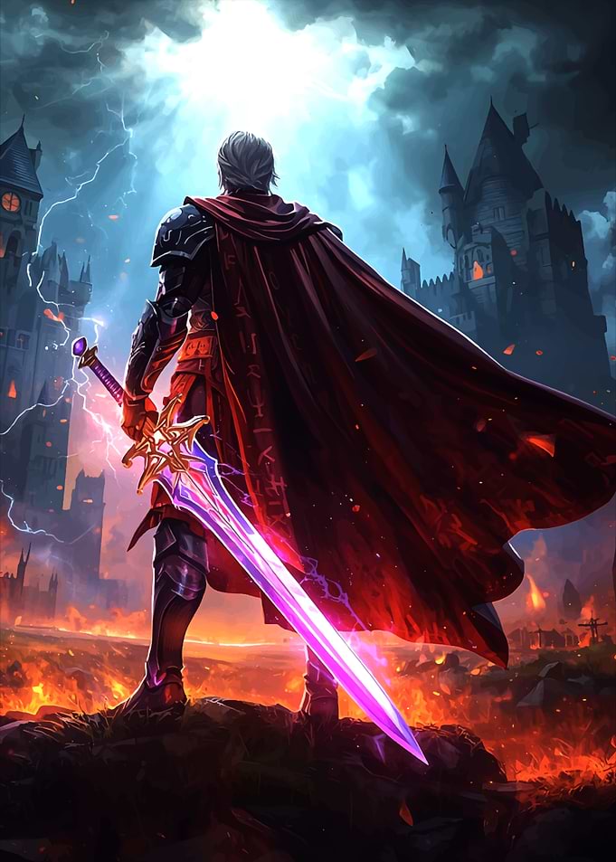 Knight with Glowing Sword in Fantasy Landscape