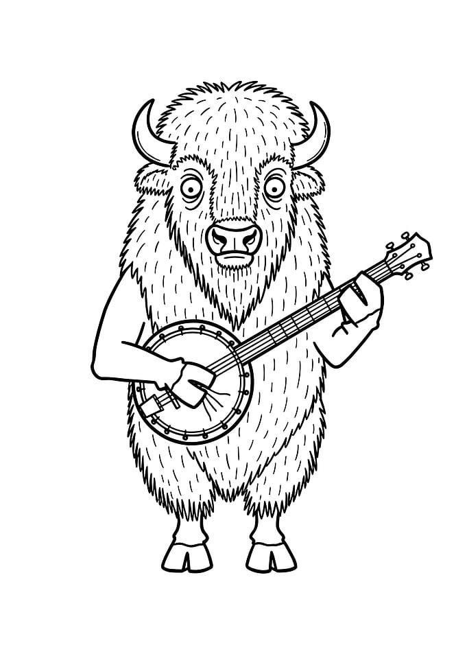 Cartoon Buffalo Playing Banjo Illustration
