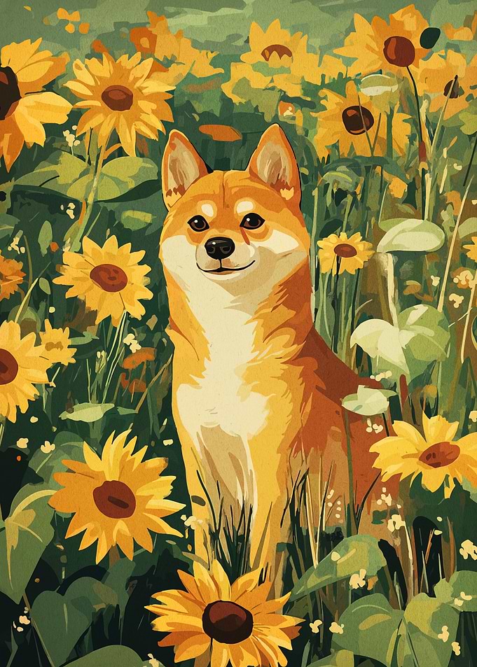 Shiba Inu in Sunflower Field