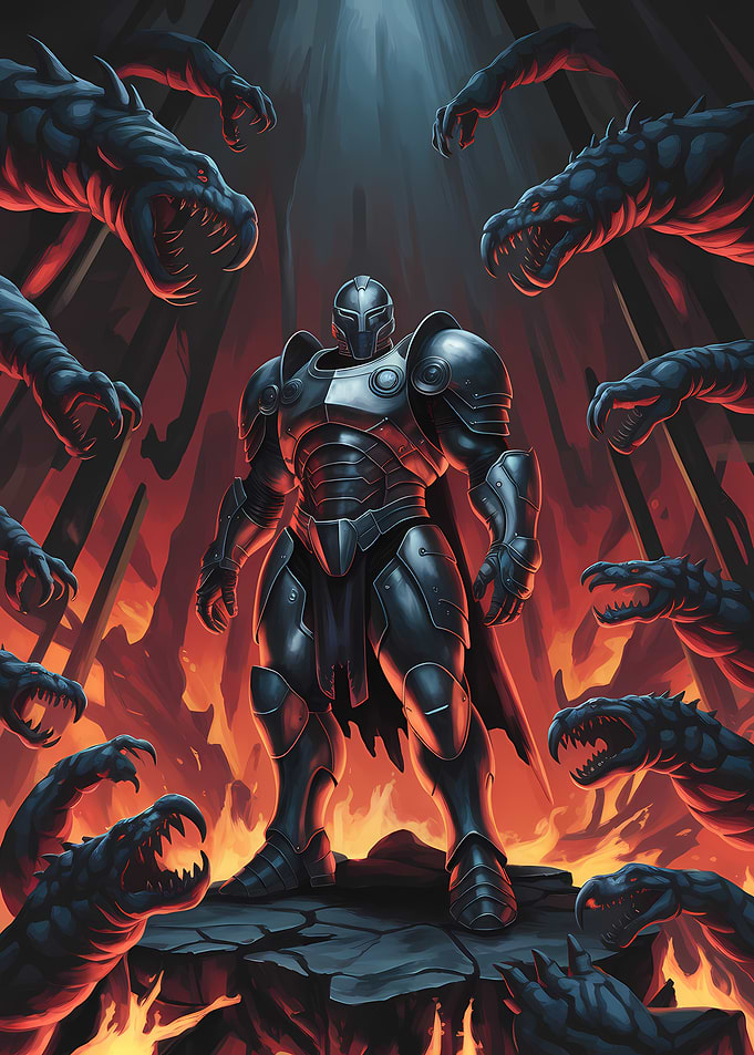 Armored Warrior Surrounded by Dragon-like Creatures