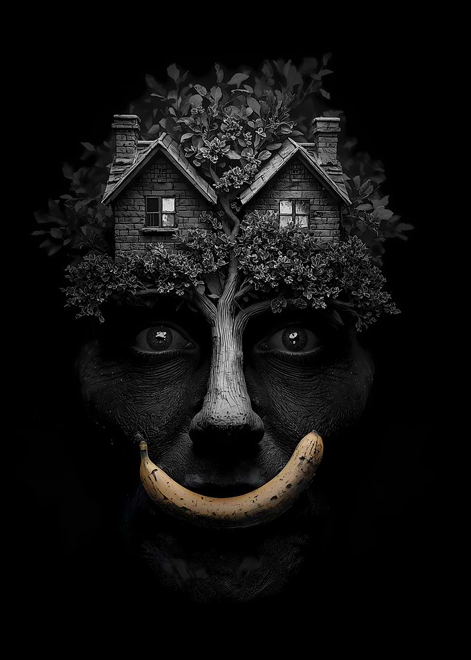 Surreal Face with House and Banana