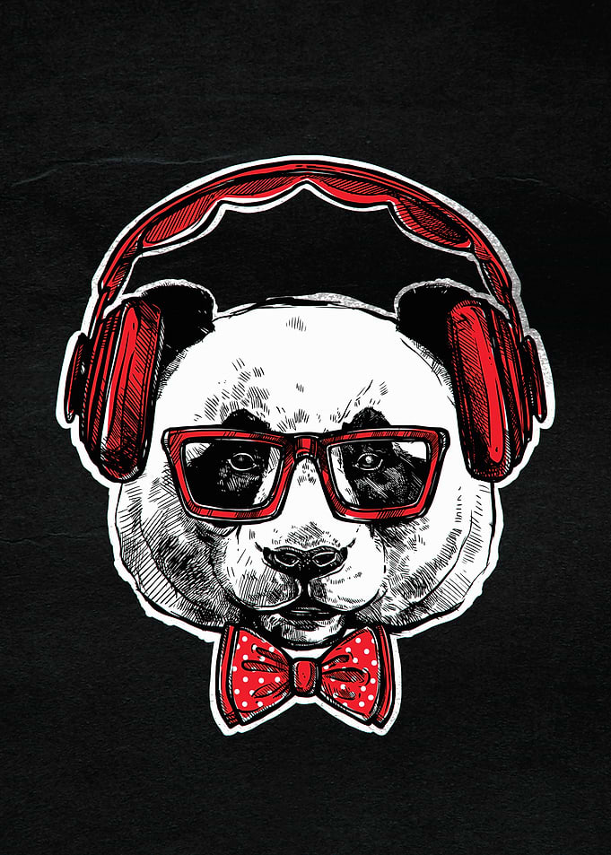 Hipster Panda with Headphones and Bowtie