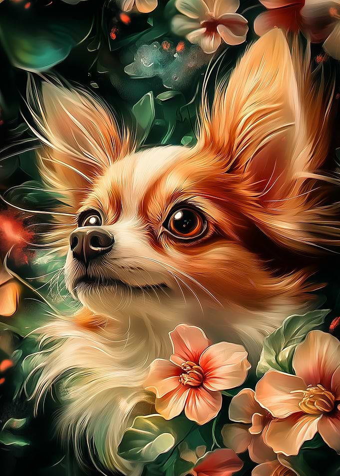 Chihuahua Portrait with Floral Background