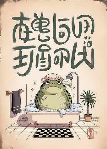 Frog in Bathtub with Japanese Text