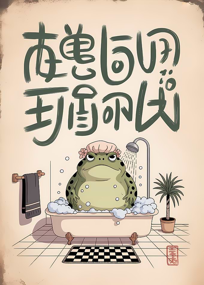 Frog in Bathtub with Japanese Text
