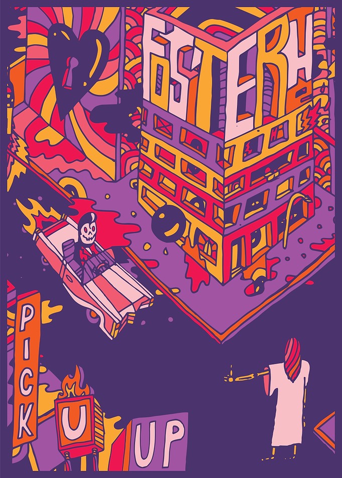 Psychedelic Cityscape with Skeleton Driver
