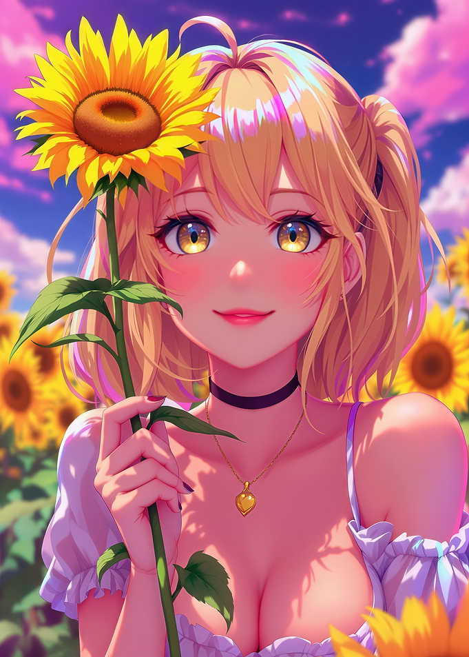 Anime Girl with Sunflower in Field
